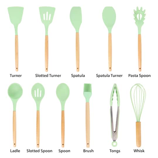 MegaChef Mint Green Silicone & Wood Cooking Utensils Set, 12ct.